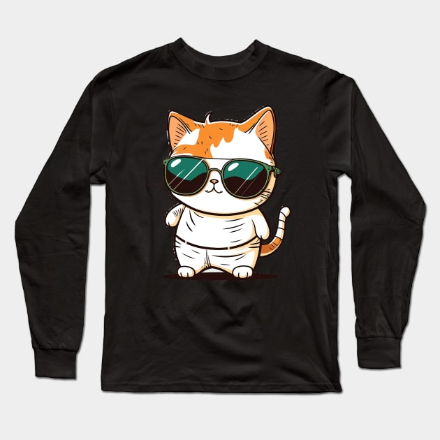 Cute ginger cat wearing sunglasses Long Sleeve T-Shirt by ramith-concept